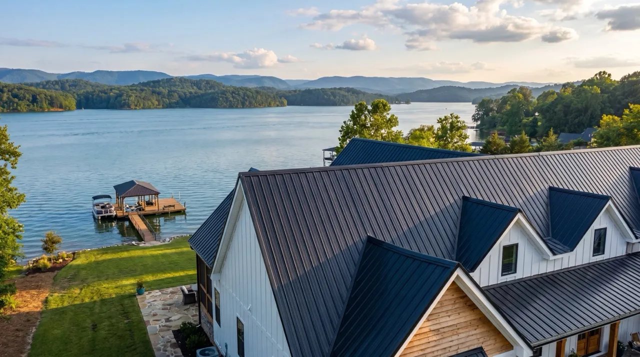 A modern farmhouse on the shore of an East Tennessee lake at golden hour, with a private dock and the Smoky Mountains beyond.